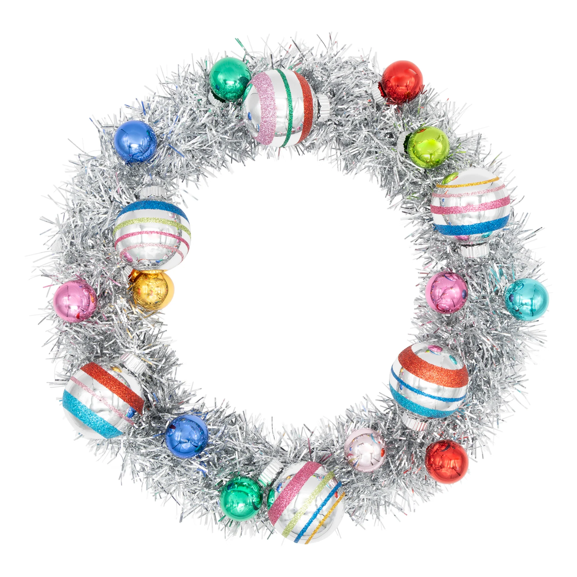CHRISTMAS CONFETTI SILVER TINSEL WREATH WITH 1" AND 1.75" ROUNDS